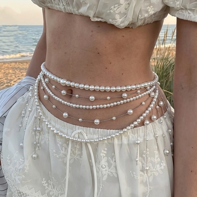 Body Jewelry High End - Rantai Pinggang Mutiara Berlapis Mewah untuk